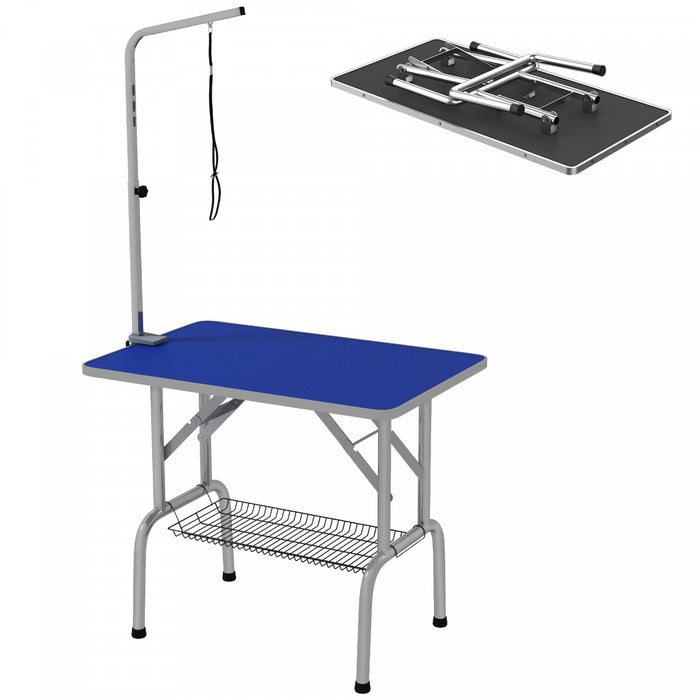 Pawhut Dog Grooming Table With Adjustable Grooming Arm, Pet Grooming Table For Dogs With Storage Shelf, Foldable Design Stainless Steel For All Sizes Dogs Cats, Blue