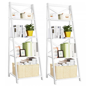 Costway Set Of 2 Ladder Shelf 4-tier Bookshelf Bookcase Storage Display Plant Leaning
