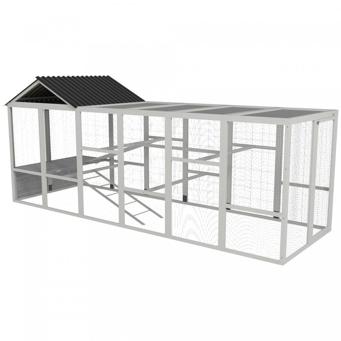 Pawhut Outdoor Wooden Chicken Coop With Run, Ramps, Perches, Storage, Backyard Hen House With Combinable Design For 6 - 10 Chickens, 142\" X 48\" X 61\", Grey