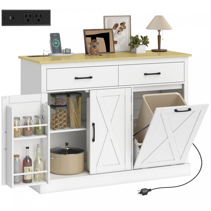 HOMCOM Tilt Out Trash Cabinet with Charging Station, Kitchen Island, White