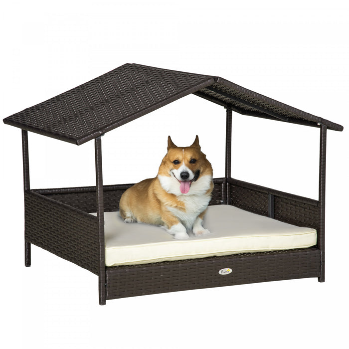 Pawhut Elevated Rattan Dog Bed Pet Home Indoor Outdoor Wicker Dog Cot Dog House Pet Furniture Sofa Bed With Padded Cushion And Roof Shelter Cream White