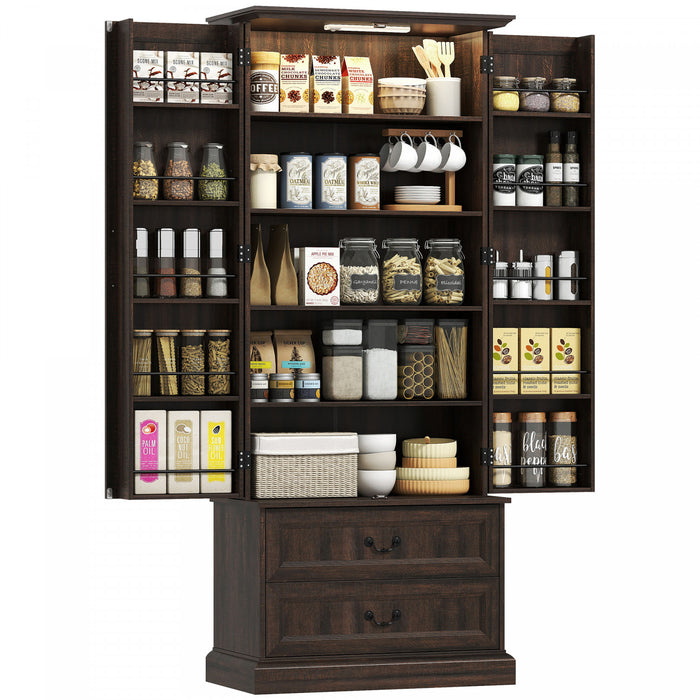 HOMCOM 72\" Kitchen Pantry Cabinet with LED Light and Door Shelves, Brown