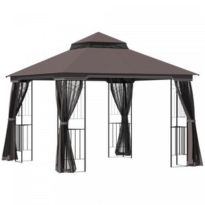 Outsunny 10' X 10' Outdoor Patio Gazebo Canopy With Double Tier Roof, Removable Mesh Curtains, Display Shelves, Top Hooks, Coffee