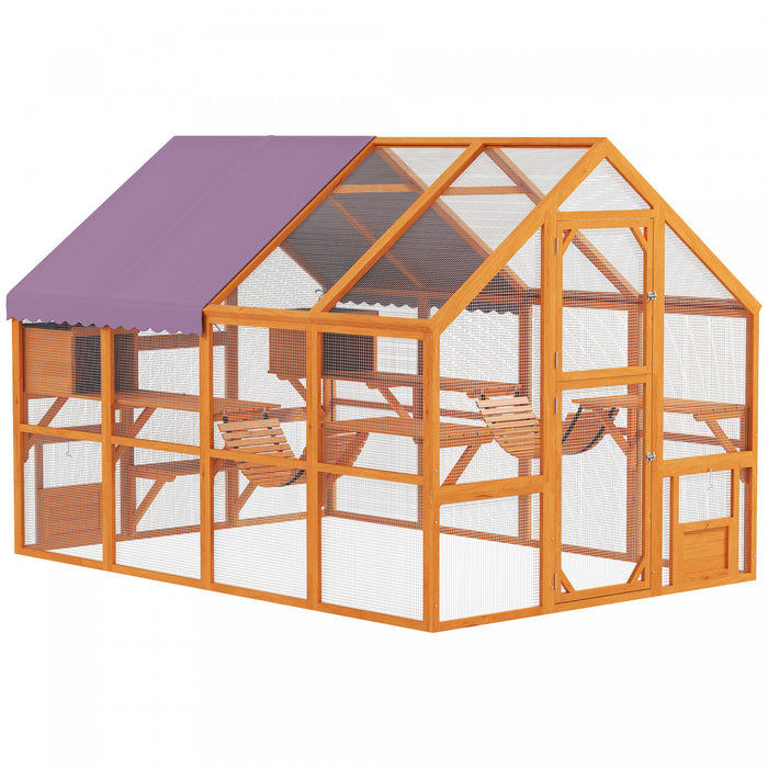 Pawhut Catio Outdoor Cat Enclosure Wooden Feral House With Weatherproof Canopy, Bridges, Resting Boxes, Platforms, For 3-6 Cats, Orange