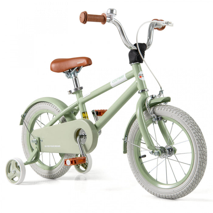 Costway 14\" Kids Bike With Adjustable Saddle Handlebar Removable Training Wheels Handbrake Green