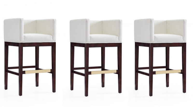 Kingsley Mid-Century Modern Wood Upholstered Barstool in Ivory - Set of 3