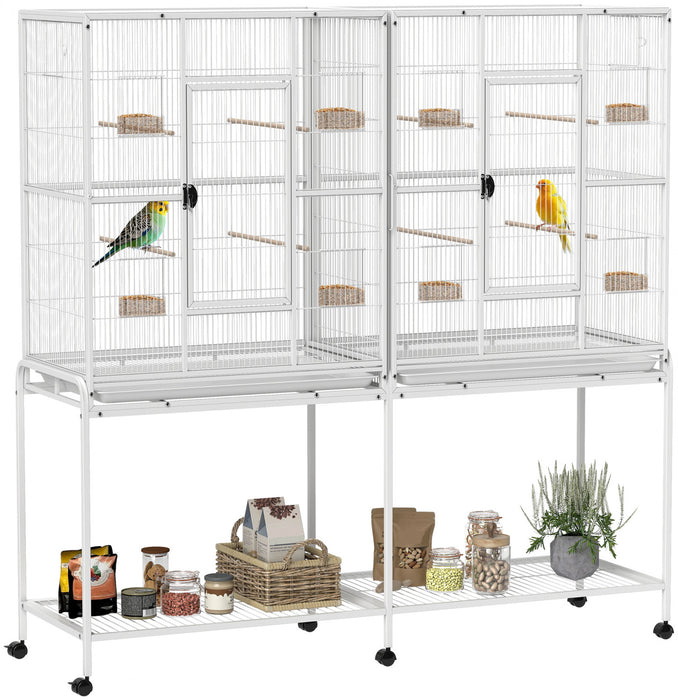 PawHut 64\" Extra Large Bird Cage w, Rolling Metal Parrot Cage, Bird House with Detachable Rolling Stand, Storage Shelf, Wood Perch, Food Container, 62.8\" x 18.9\" x 64.2\", White