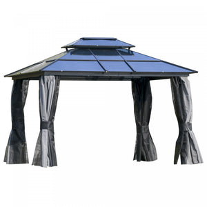 Outsunny 10' X 12' Hardtop Gazebo Canopy With Polycarbonate Double Roof, Aluminum Frame, Permanent Pavilion Outdoor Gazebo With Netting And Curtains For Garden, Backyard