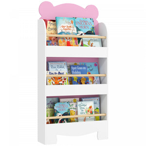 Qaba Kids Bookshelf, 3-tier Book Shelf Organizer, Bear Theme Toddler Space-saving Wall Bookcase For Living Room, Kids Room, Playroom, Pink