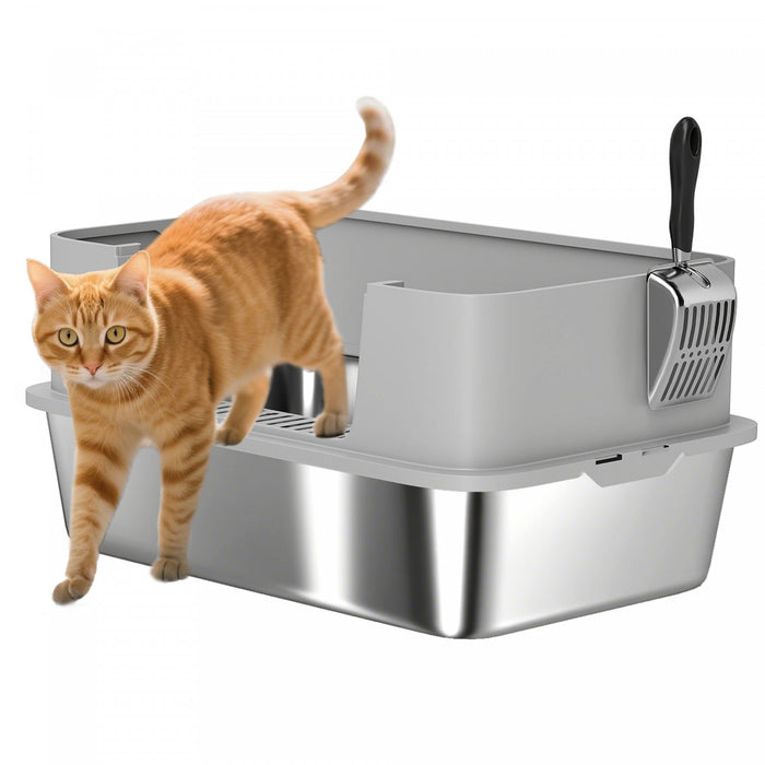 PawHut Stainless Steel Cat Litter Box, XL High Sided Cat Litter Box with Scoop, Anti Leakage & Easy to Clean, Pet Toilet for Big Kittens, 24\" x 16\" x 12\", Grey