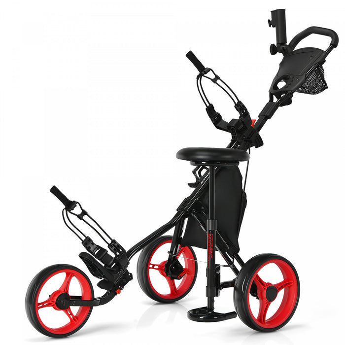 Goplus Folding 3 Wheels Golf Push Cart W/seat Scoreboard Adjustable Handle Red