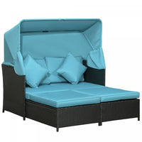 Outdoor Double Lounge Daybed W/ Awning & Cushions Sun Lounger, Green