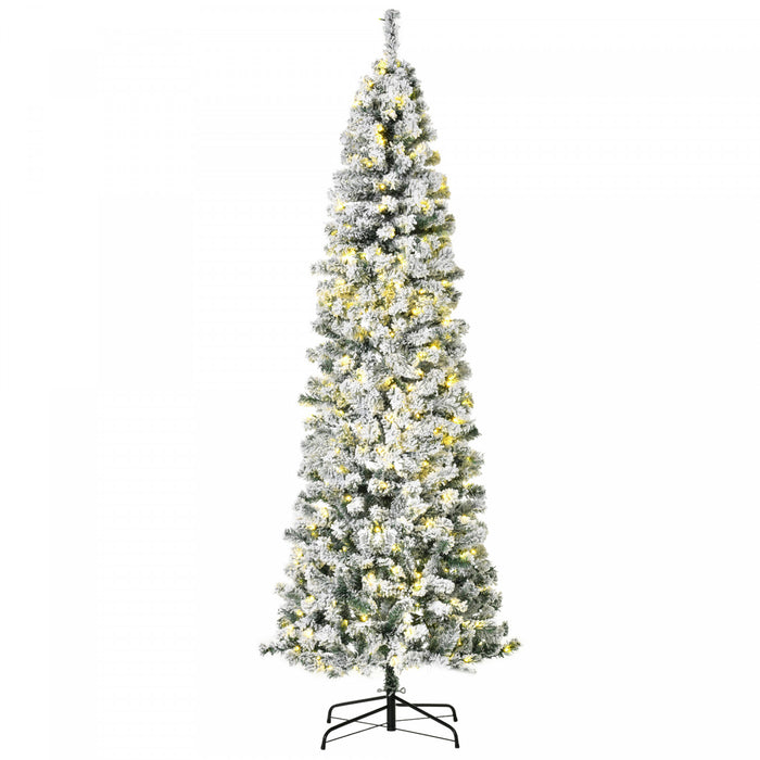 Homcom 7.5ft Prelit Artificial Snow Flocked Pencil Christmas Tree