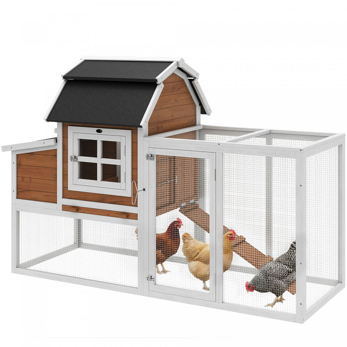 PawHut 71\" Chicken Coop for 3 Chickens, Wooden Hen House Outdoor Duck House with Run, Removable Tray, Nesting Box, Waterproof Asphalt Roof, Ramp and Perches, Bunny Hutch, Brown