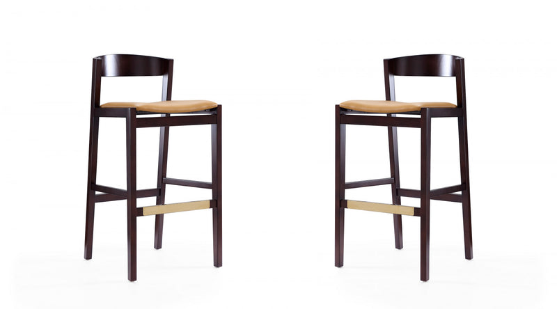 Klismos Mid-Century Modern Wood Upholstered Barstool in Camel - Set of 2