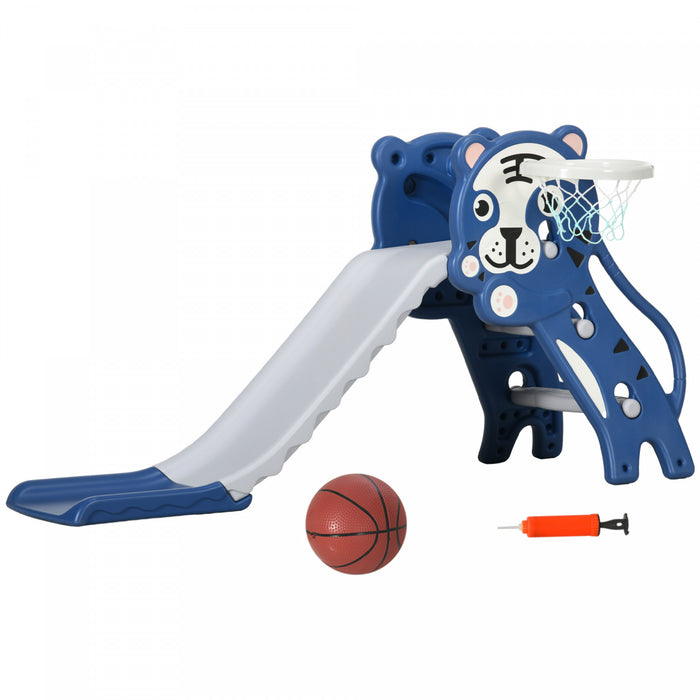 Qaba 2 In 1 Toddler Slide For Indoor, Easy Set Up Kids Slide Playset With Basketball Hoop For 18-36 Months, Tiger-designed Indoor Slide, Blue