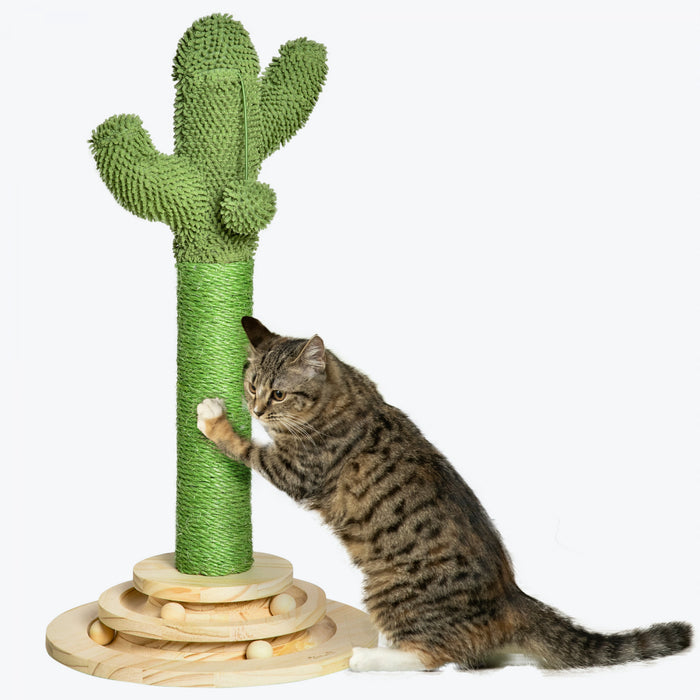 Pawhut Cat Scratching Post, 23.6\" Cactus Scratching Post, Nature Sisal Cat Scratcher With Two Interactive Hanging Balls And Rotating Ball Toys For Indoor Cats
