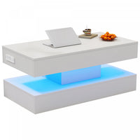 Flexi 39.9 Inch Hydraulic Lift-Top Coffee Table with LED Lighting and Hidden Storage, White 