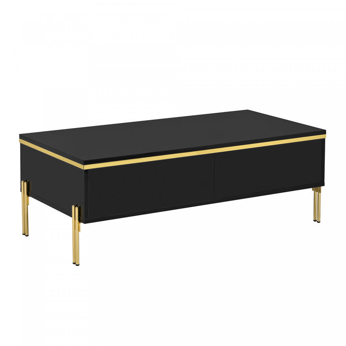Lustra 39.4 Inch Modern High-Gloss Coffee Table with Dual Drawers and Gold Accents, Black