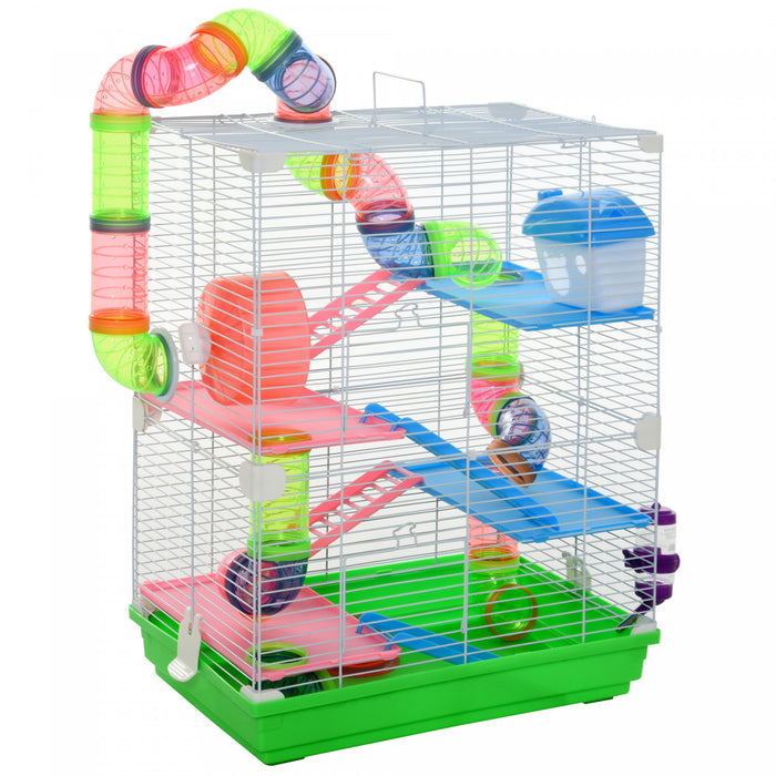 Pawhut 5 Tiers Hamster Cage Portable Animal Travel Carrier Habitat With Exercise Wheels Play Tube Water Bottle Dishes House Ladder For Mice Gerbils Green