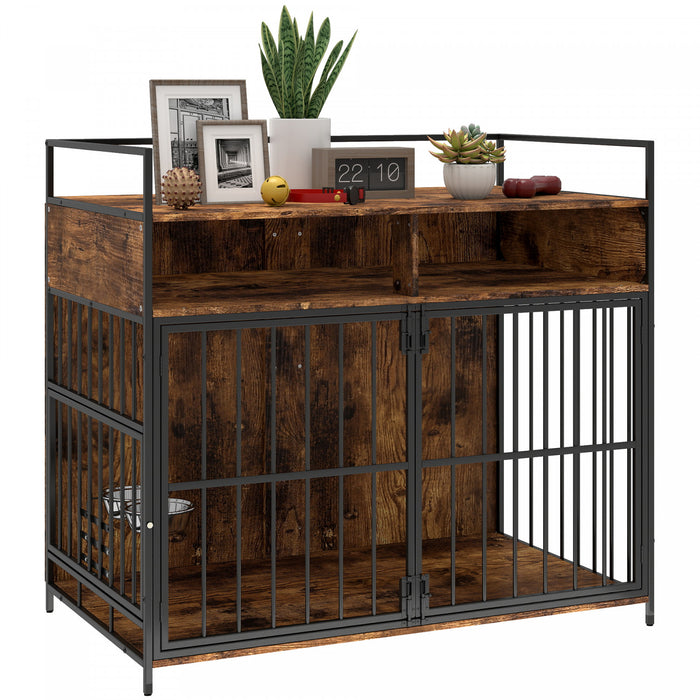 PawHut Dog Crate Furniture, 39 Inch Indoor Dog Kennel with Rotating Feeding Station and Storage Shelves, Pet Crate End Table for Small Medium Large Breeds, Rustic Brown