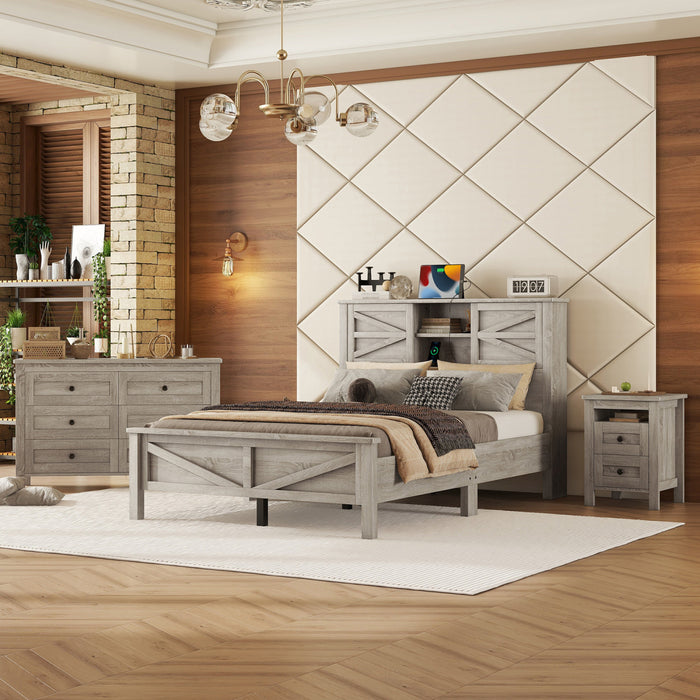 Madison Bedroom Set Farmhouse Platform Bed with Storage and Charging Station,Full Size，Grey Full Bed