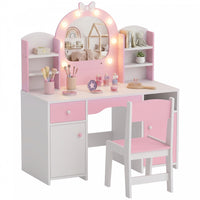 Qaba Kids Vanity Set with Lighted Bow Mirror, Toddler Dressing Table and Chair Set with Cabinet, Drawer and Shelves, Pretend Makeup Playset for Girls 3-8 Years Old, Pink