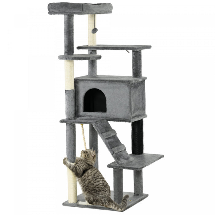 Pawhut Cat Tree For Large Cats Adult, 58\" Tall Cat Tree With Scratching Posts, Large Cat Tower For Indoor Cats With Bed, House, Toys, Grey