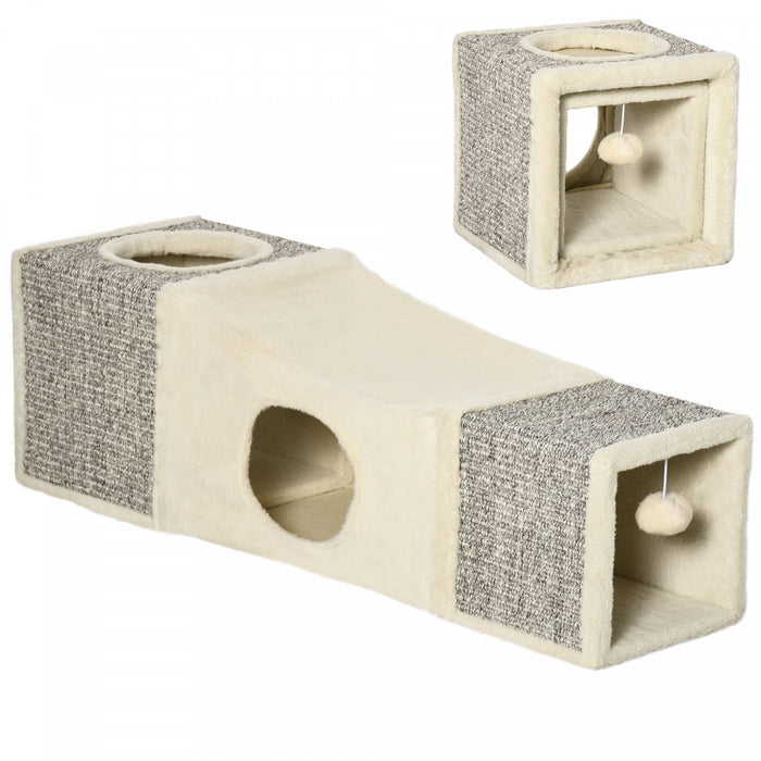Pawhut 39\" Long Cat Tunnel With Hanging Ball, Plush Catio Outdoor Cat Enclosure With Two Caves, Cream White