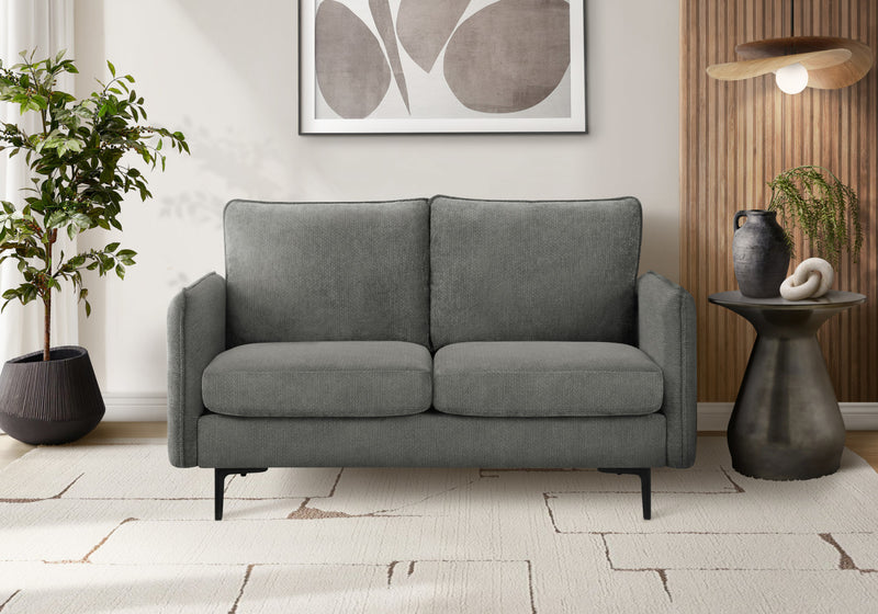 Upholstered Love Seat, 58\" L, Dark Grey Fabric, Black Metal Legs Loveseat