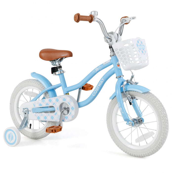 Costway 14\" Kid's Bike With Removable Training Wheels & Basket For 3-5 Years Old Blue