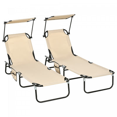Outsunny 2 Piece Folding Chaise Lounges With Adjustable Backrest, Tan
