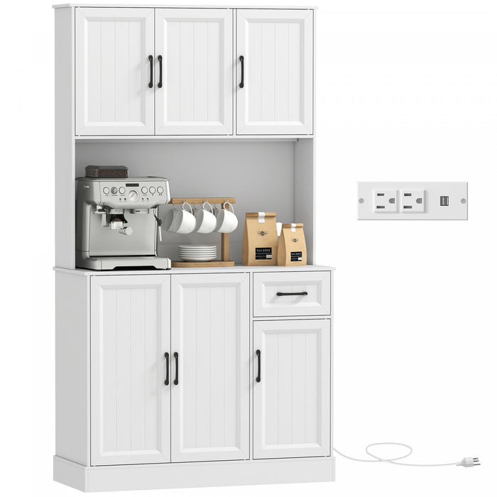 HOMCOM 71\" Pantry Cabinet, Kitchen Cupboard with Charging Station, White