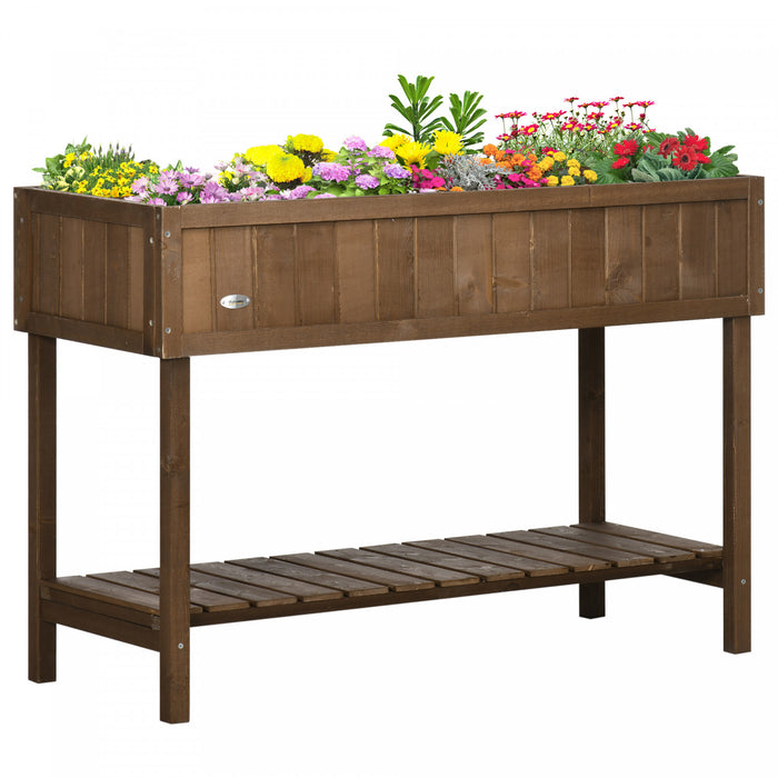 Outsunny 43.25\" X 18\" X 30\" Elevated Wooden Garden Plant Stand Outdoor Raised Flower Bed 8 Grid Box With Storage Shelf Yard Herb Planter Dark Brown