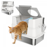 Pawhut Stainless Steel Litter Box With Lid, 100° Flip Top Xl Enclosed Litter Box With Scoop For Big Cats, Side Top Dual Entry, Odor Free, Easy Cleaning, Anti-urine Leakage