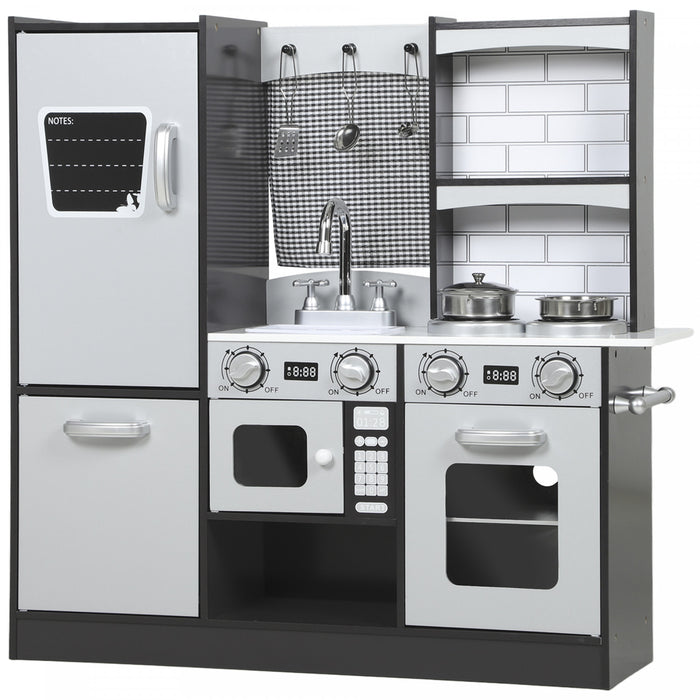 Qaba Play Kitchen for Kids, Pretend Kids Kitchen Playset with Switch Knob Sound, Accessories, Fridge, Microwave, Sink and Towel Rack, for Toddlers Ages 3-8 Years Old, Dark Brown