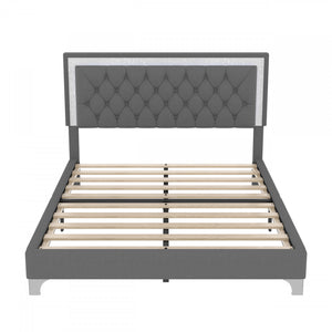 Sophia 3 Piece Velvet Tufted Headboard Bedroom Set With Upholstered Bed And Led Lights,queen Size,grey Queen Bed