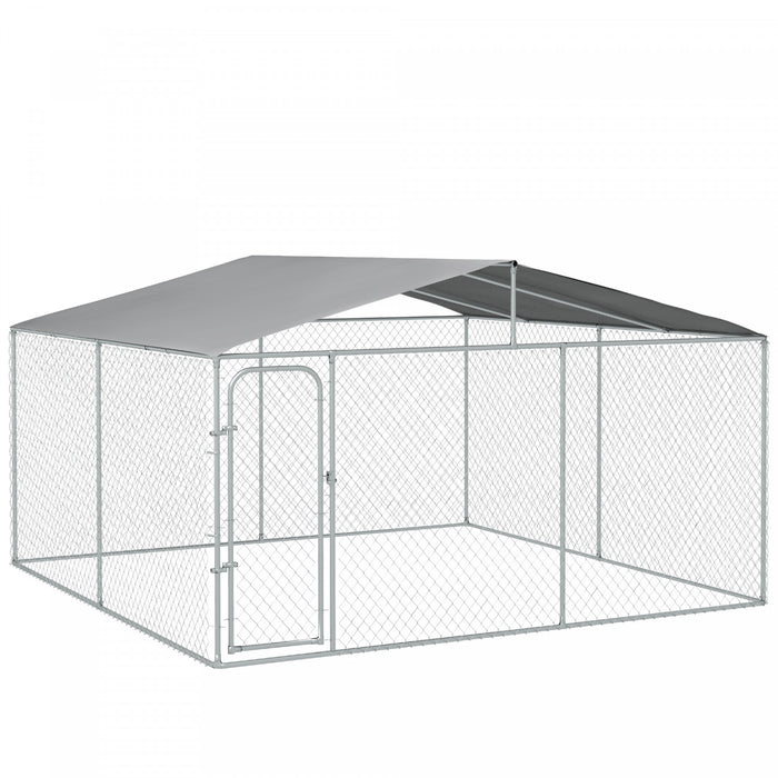 Pawhut Dog Kennel Outdoor Run Fence With Roof, Steel Lock, Mesh Sidewalls For Backyard & Patio, 13.1' X 13.1' X 7.5'