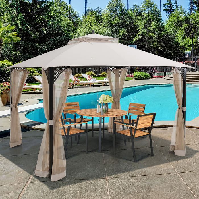 Costway 12' X 10' Outdoor Patio Gazebo Canopy Shelter Double Top Sidewalls Netting Beige