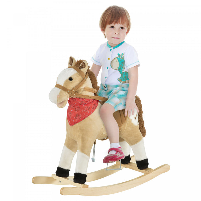 Qaba Kids Plush Ride-on Rocking Horse Toy Cowboy Rocker With Fun Realistic Sounds For Child 3-6 Years Old, Beige