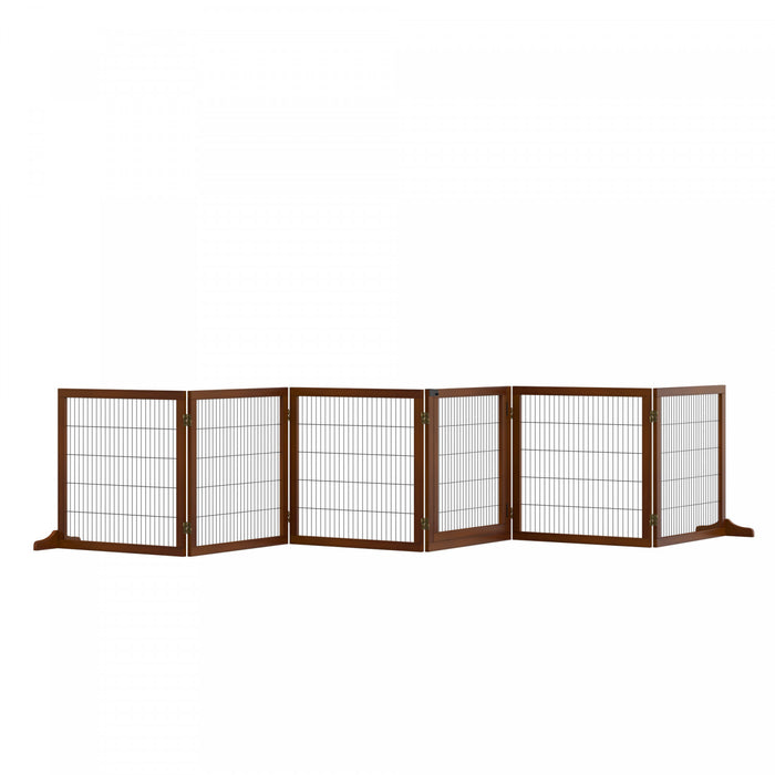 Pawhut Wooden Pet Gate, Dog Safety Barrier, Freestanding Foldable Fence, W/ 6 Panels, 2 Support Feet, For House Doorway Stairs, Small & Medium Dogs, Coffee