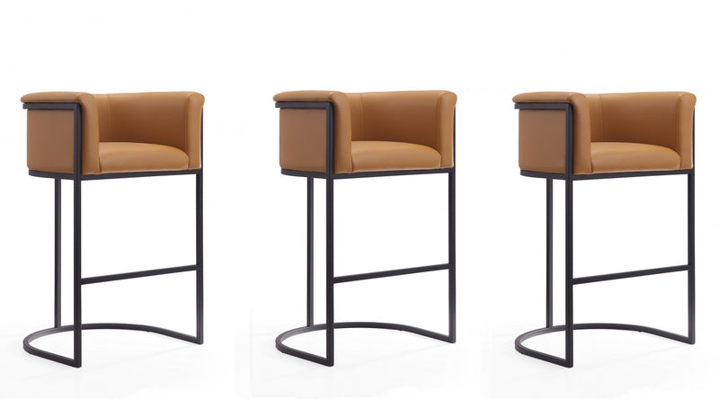 Cosmopolitan Mid-Century Modern Metal Upholstered Barstool in Camel - Set of 3 Bar Stool