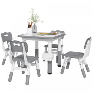 Qaba 5 Pieces Kids Table And Chair Set, Height Adjustable Toddler Table And Chair Set, Activity Table And Chair Set With Storage, For Playroom, Nursery, Classroom, Grey