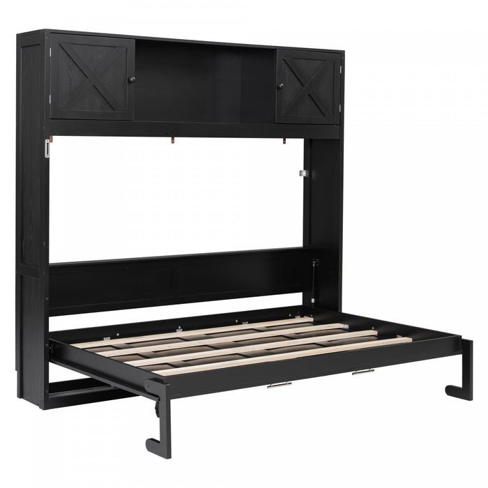 Ethan Solid Wood Murphy Bed with Storage Cabinets,Queen Size,Black Queen Bed