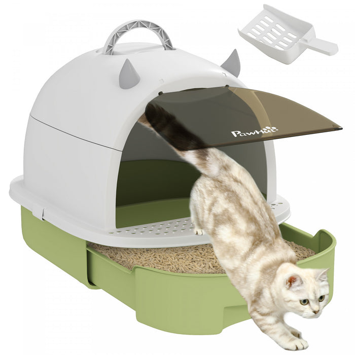 Pawhut Cat Litter Box With Lid, Drawer Style Enclosed Kitty Litter Box With Front Door Flap, Scoop, Handle, Easy Clean, Cat Litter Tray For Small And Medium Cats, Green