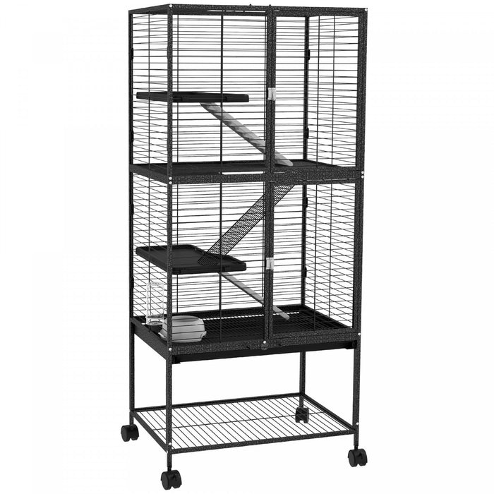 Pawhut Small Animal Cage With Wheels, Pet Playpen For Rat, Kitten, Ferrets, Chinchillas With Bottom Storage Shelf, Removable Tray, Ramp, 24.2\" X 17.9\" X 53.5\", Dark Grey