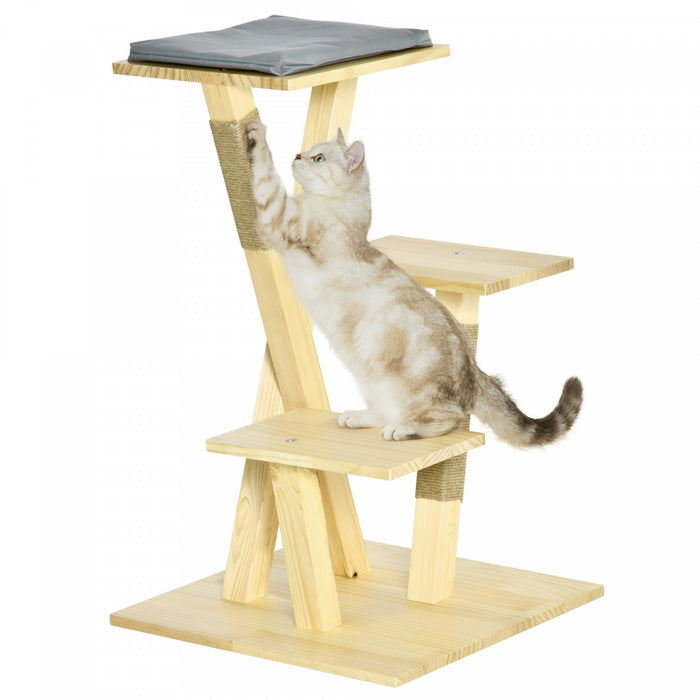 Pawhut 31\" Cat Tree Kitty Activity Center Pinewood Cat Climbing Toy Indoor Outdoor Pet Furniture With Jute Scratching Post Perch Cushion Natural