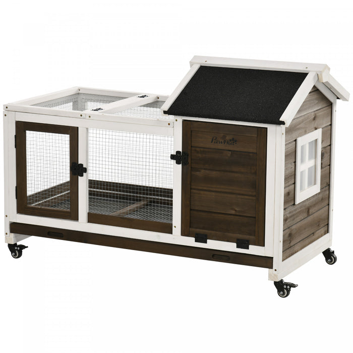 Pawhut Indoor Rabbit Hutch With Wheels, Bunny Cage With Ramp, Run, Pull Out Tray, Suitable For Rabbit, Guinea Pig, Coffee