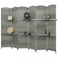 HOMCOM Folding Privacy Screen with Shelves, 6 Panel Room Divider, Grey