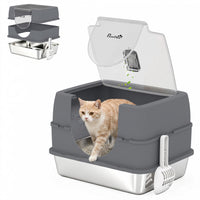 PawHut Stainless Steel Cat Litter Box with Lid, High Sided Enclosed Litter Box with Removable Lid, Tray, Scoop, Easy to Clean, Odor Control, Anti-Leakage, Grey